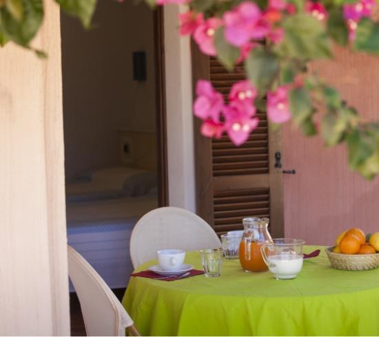 Colazione all'aperto con fiori, frutta e bevande su un tavolo verde.